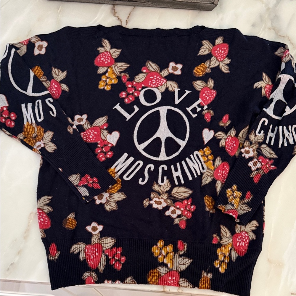 Love Moschino Navy Sweater with Colorful Fruit Design